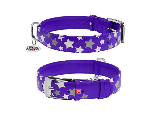 Ошейник для собак кожаный WAUDOG Glamour узор Звёздочка светящийся/светоотражающий Ш 35 мм Дл 46-60 см Фиолетовый