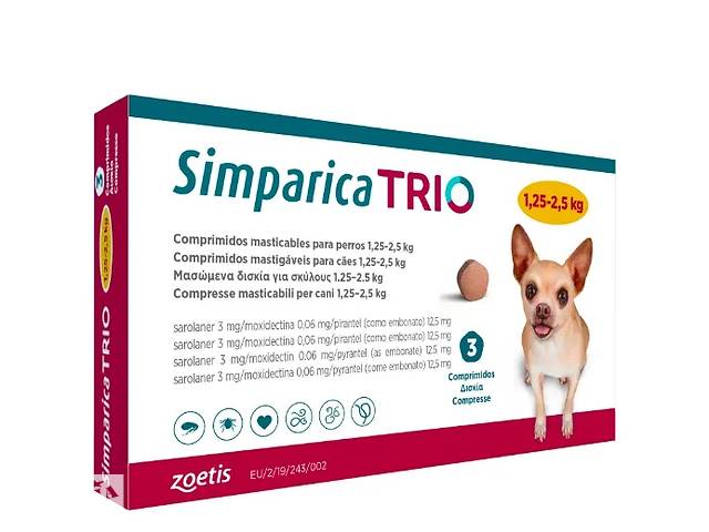 Simparica TRIO (Симпарика ТРИО) таблетки от блох, клещей и гельминтов для мелких собак весом от 1.25 до 2.5 кг 1 табл...