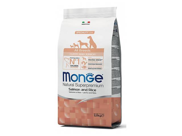 Сухой корм для щенков всех пород Monge Dog All Breeds Puppy & Junior с лососем и рисом 2,5 кг