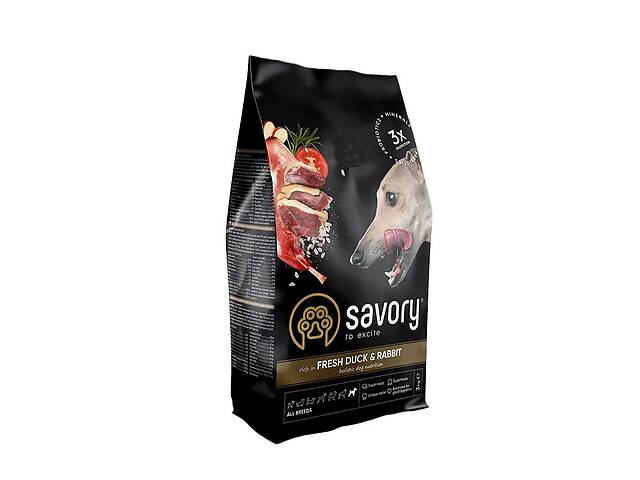 Сухой корм для собак всех пород Savory со свежим мясом утки и кроликом 3 кг (4820232630174)