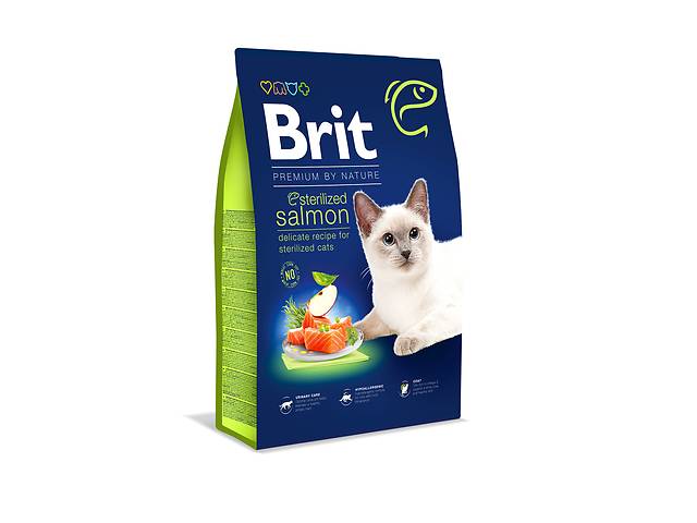 Сухой корм для стерилизованных котов Brit Premium by Nature Cat Sterilized Salmon с лососем 8 кг (8595602553259)