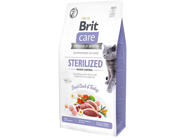 Сухой корм для стерилизованных котов и котов с избыточным весом Brit Care Cat GF Sterilized Weight Control с уткой и...