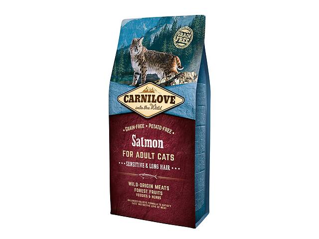 Сухой корм для взрослых кошек с чувствительным пищеварением Carnilove Salmon Sensitive & Long Hair 6 кг (8595602512270)