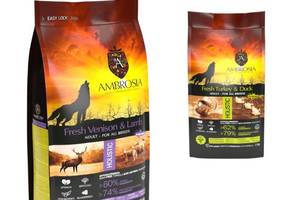 Сухой корм для взрослых собак всех пород Ambrosia со свежей олениной и ягненком + со свежей индейкой и уткой 12+2 кг