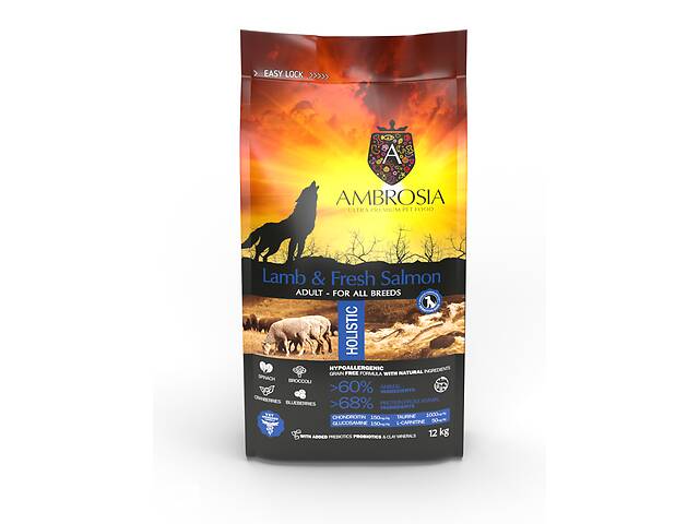 Сухой корм для взрослых собак всех пород из ягненка и свежим лососем Ambrosia Grain free dog adult Lamb and Fresh Sal...