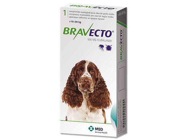 Таблетка от блох и клещей для собак и щенков Bravecto 10-20 кг 500 мг (8713184146526)
