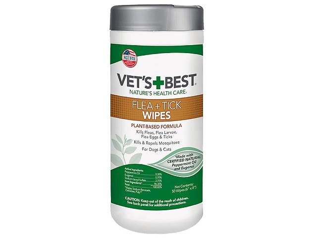 Влажные салфетки от насекомых для кошек и собак Vet's Best Flea Tick Wipes 50 шт