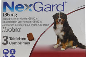 Жевательные таблетки от блоx и клещей для собак Merial Nexgard 25-50 кг XL 3 штx6.0 г в уп (3661103042907/8713942403434)