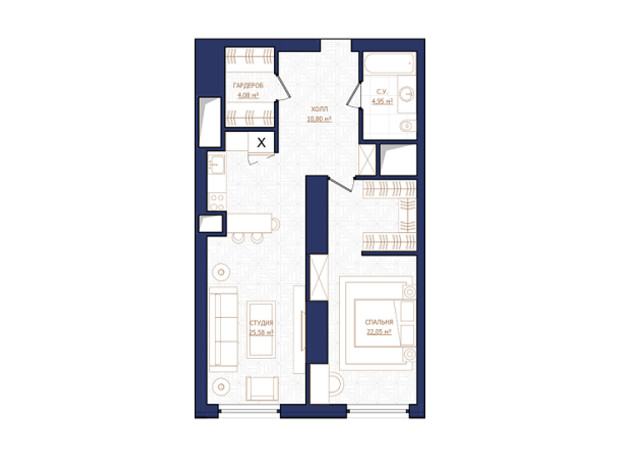 ЖК Metropole: планування 1-кімнатної квартири 67.49 м²