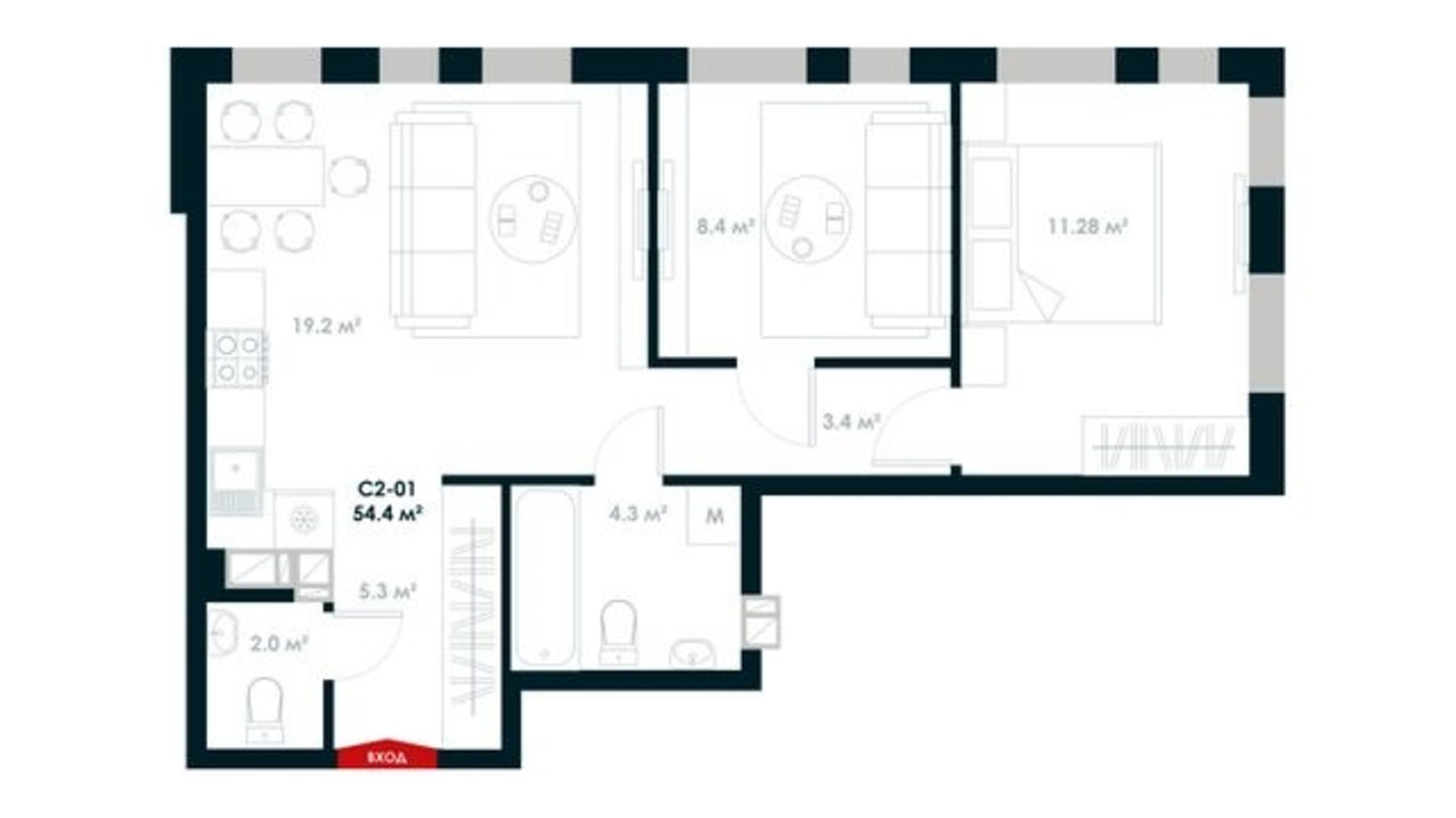 Планировка 2-комнатной квартиры в ЖК Atria City. Teremky 54.4 м², фото 101333