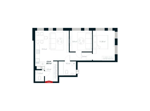 ЖК Atria City. Teremky: планировка 2-комнатной квартиры 54.4 м²