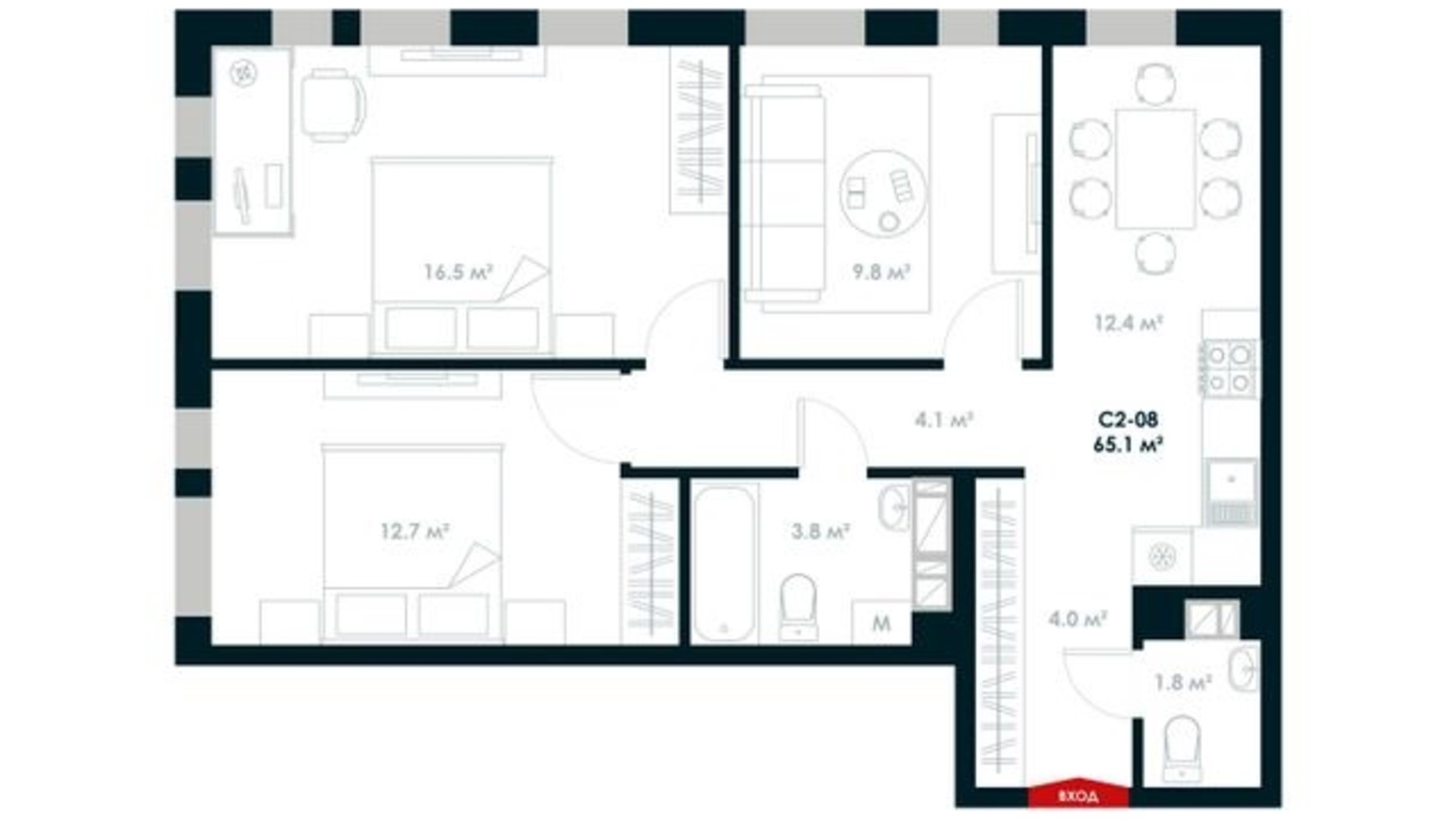 Планировка 3-комнатной квартиры в ЖК Atria City. Teremky 65.1 м², фото 101334