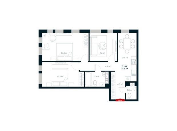 ЖК Atria City. Teremky: планування 3-кімнатної квартири 65.1 м²