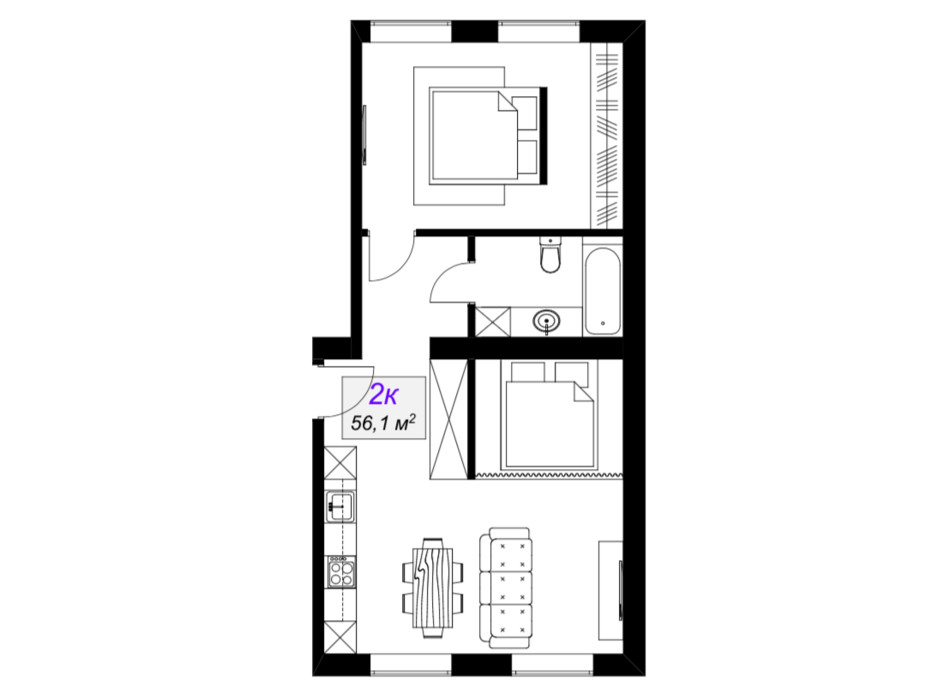 Планировка 2-комнатной квартиры в ЖК Слобожанский 56.1 м², фото 101883 Планировка 2-комнатной квартиры в ЖК Слобожанский 56.1 м², фото 101883