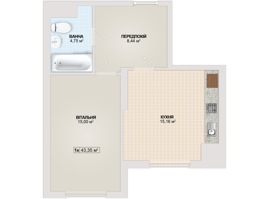 Планировка 1-комнатной квартиры в ЖК Sonata 43.35 м², фото 102173 Планировка 1-комнатной квартиры в ЖК Sonata 43.35 м², фото 102173