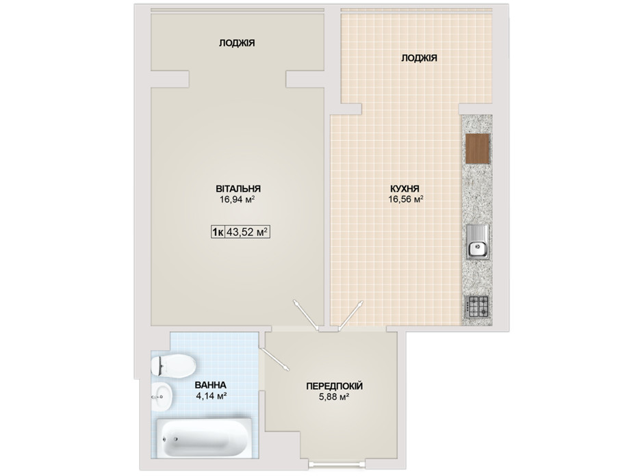 Планировка 1-комнатной квартиры в ЖК Sonata 43.52 м², фото 102174 Планировка 1-комнатной квартиры в ЖК Sonata 43.52 м², фото 102174