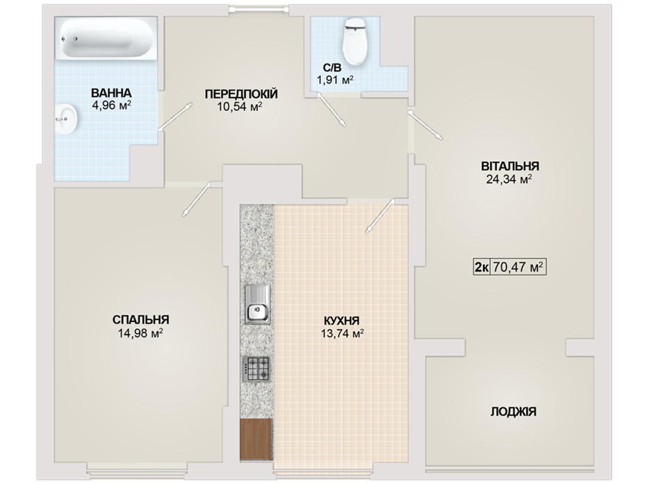 Планировка 2-комнатной квартиры в ЖК Sonata 70.47 м², фото 102175 Планировка 2-комнатной квартиры в ЖК Sonata 70.47 м², фото 102175