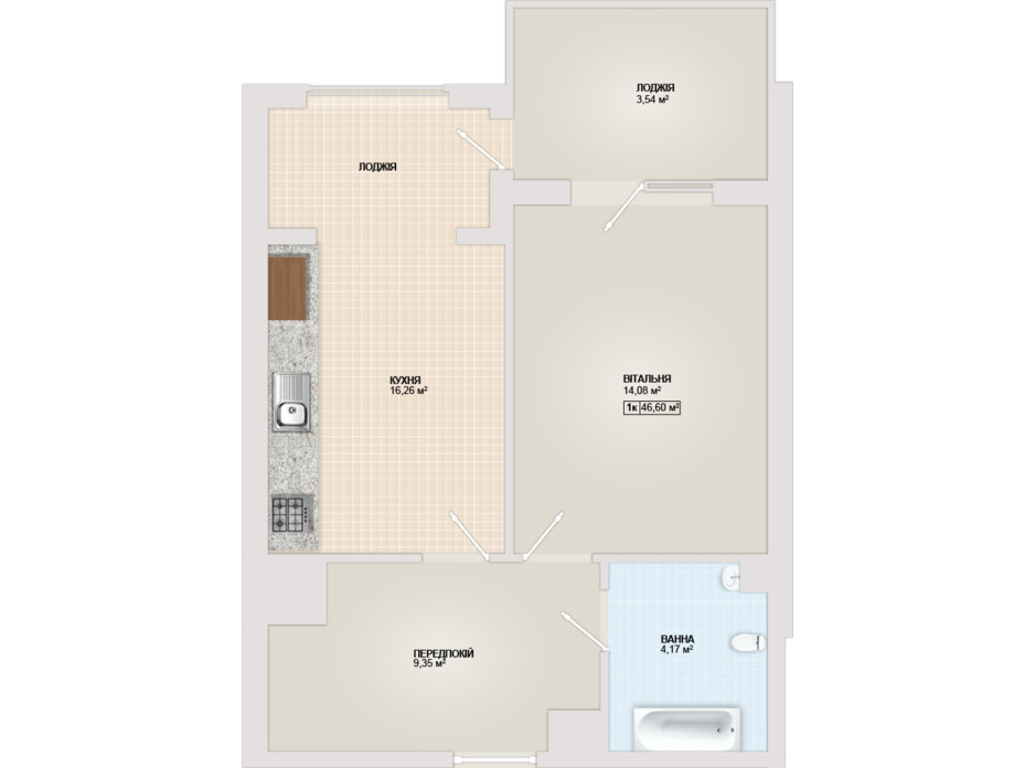 Планування 1-кімнатної квартири в ЖК Sonata 46.6 м², фото 102177 Планування 1-кімнатної квартири в ЖК Sonata 46.6 м², фото 102177