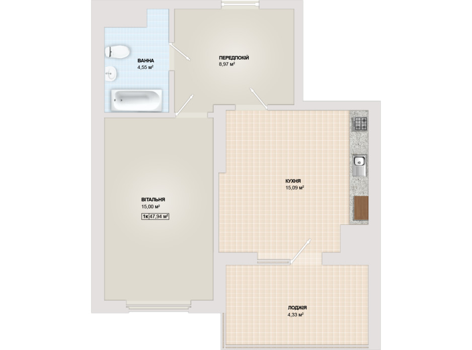 Планировка 1-комнатной квартиры в ЖК Sonata 47.94 м², фото 102179 Планировка 1-комнатной квартиры в ЖК Sonata 47.94 м², фото 102179