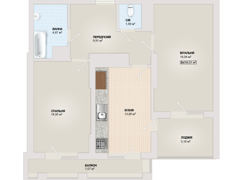 Планировка 2-комнатной квартиры в ЖК Sonata 68.01 м², фото 102183 Планировка 2-комнатной квартиры в ЖК Sonata 68.01 м², фото 102183