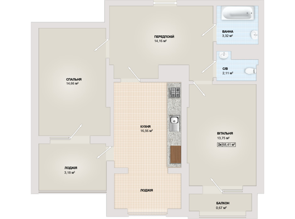 Планировка 2-комнатной квартиры в ЖК Sonata 68.41 м², фото 102184 Планировка 2-комнатной квартиры в ЖК Sonata 68.41 м², фото 102184