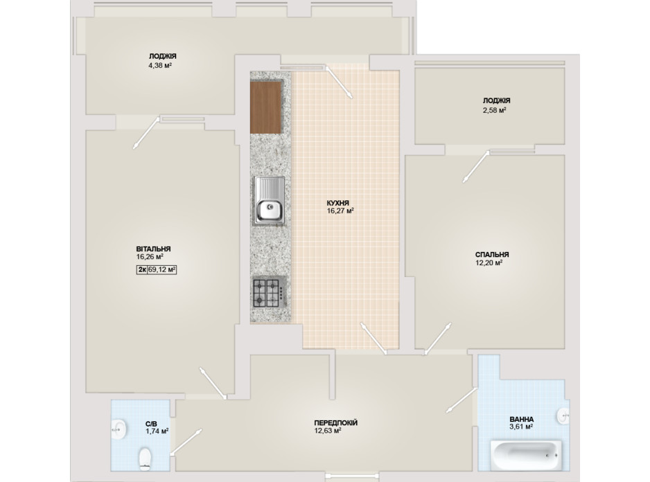 Планировка 2-комнатной квартиры в ЖК Sonata 69.12 м², фото 102186 Планировка 2-комнатной квартиры в ЖК Sonata 69.12 м², фото 102186