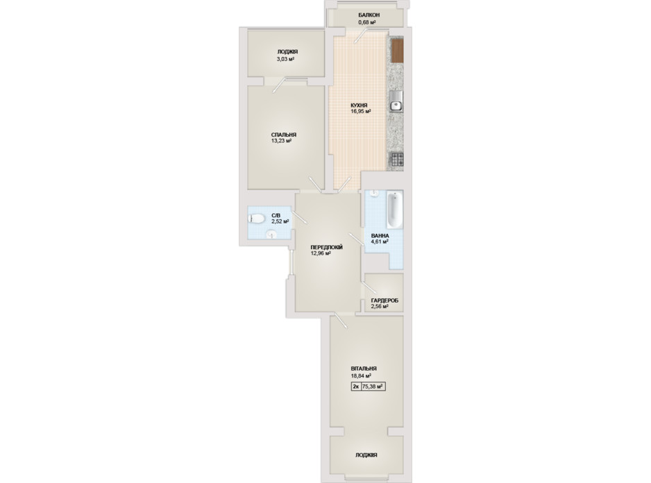 Планировка 2-комнатной квартиры в ЖК Sonata 75.38 м², фото 102187 Планировка 2-комнатной квартиры в ЖК Sonata 75.38 м², фото 102187