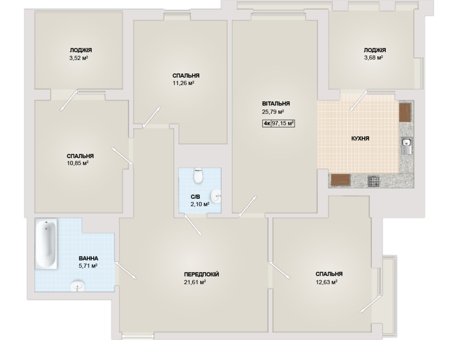 Планировка 4-комнатной квартиры в ЖК Sonata 97.15 м², фото 102188 Планировка 4-комнатной квартиры в ЖК Sonata 97.15 м², фото 102188