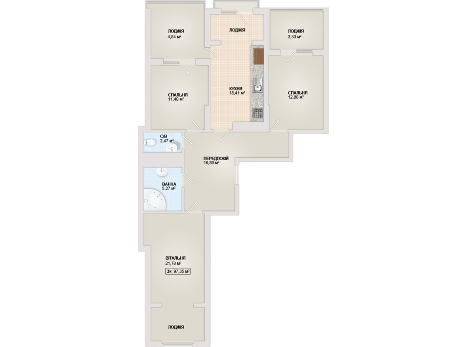 Планировка 3-комнатной квартиры в ЖК Sonata 97.35 м², фото 102189 Планировка 3-комнатной квартиры в ЖК Sonata 97.35 м², фото 102189