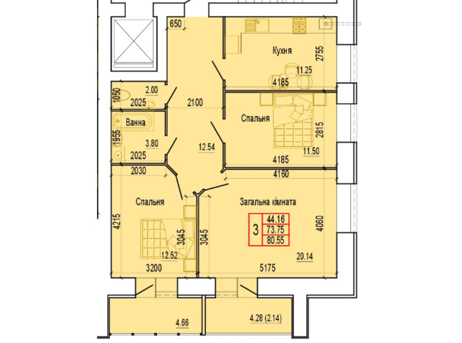 Планування 3-кімнатної квартири в ЖК по вул. Харьківська, 37 80.55 м², фото 103890 Планування 3-кімнатної квартири в ЖК по вул. Харьківська, 37 80.55 м², фото 103890