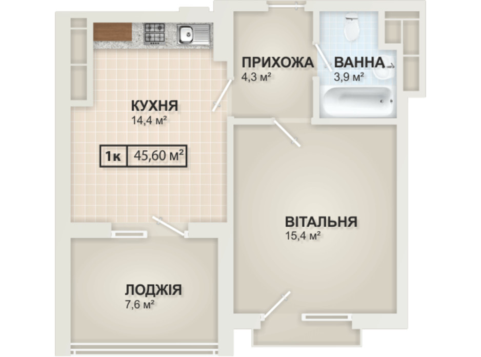 Планировка 1-комнатной квартиры в ЖК HydroPark DeLuxe (Гидропарк Делюкс) 45.6 м², фото 104091 Планировка 1-комнатной квартиры в ЖК HydroPark DeLuxe (Гидропарк Делюкс) 45.6 м², фото 104091