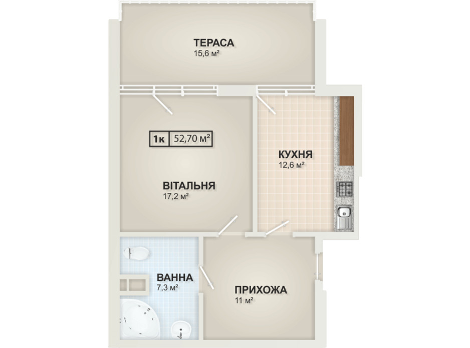 Планировка 1-комнатной квартиры в ЖК HydroPark DeLuxe (Гидропарк Делюкс) 52.7 м², фото 104092 Планировка 1-комнатной квартиры в ЖК HydroPark DeLuxe (Гидропарк Делюкс) 52.7 м², фото 104092