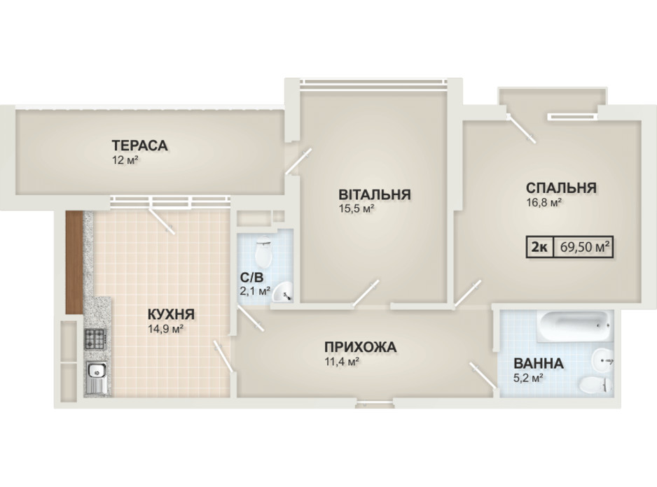 Планировка 2-комнатной квартиры в ЖК HydroPark DeLuxe 69.5 м², фото 104094 Планировка 2-комнатной квартиры в ЖК HydroPark DeLuxe 69.5 м², фото 104094