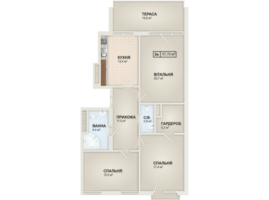 Планування 3-кімнатної квартири в ЖК HydroPark DeLuxe 97.7 м², фото 104096 Планування 3-кімнатної квартири в ЖК HydroPark DeLuxe 97.7 м², фото 104096