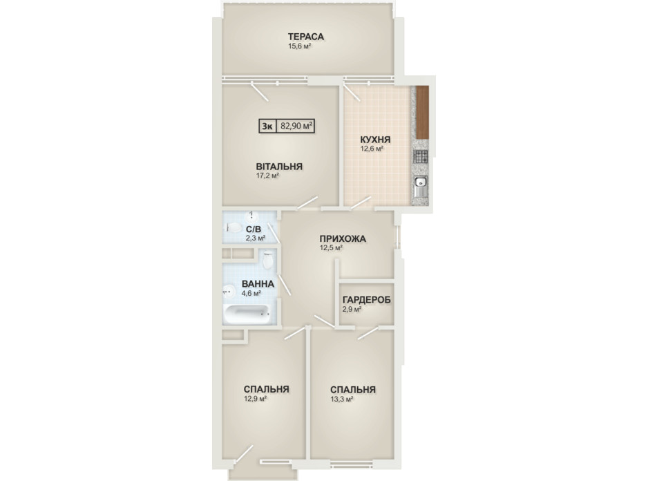 Планировка 3-комнатной квартиры в ЖК HydroPark DeLuxe (Гидропарк Делюкс) 82.9 м², фото 104098 Планировка 3-комнатной квартиры в ЖК HydroPark DeLuxe (Гидропарк Делюкс) 82.9 м², фото 104098
