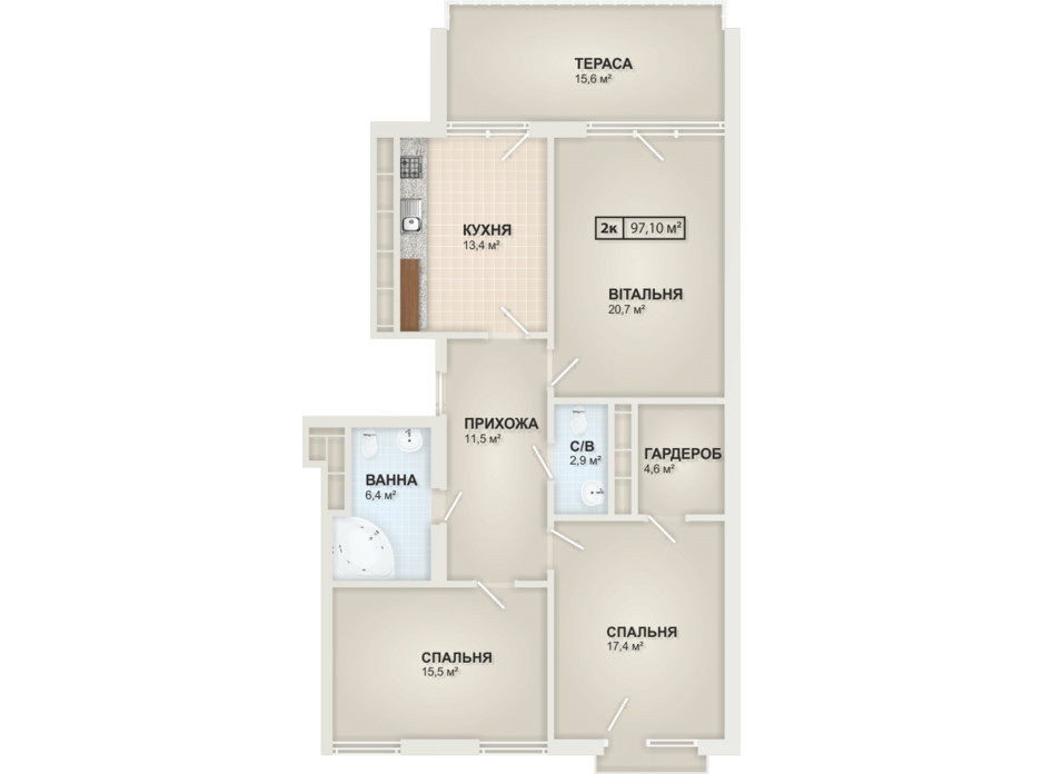 Планування 2-кімнатної квартири в ЖК HydroPark DeLuxe 97.1 м², фото 104103 Планування 2-кімнатної квартири в ЖК HydroPark DeLuxe 97.1 м², фото 104103