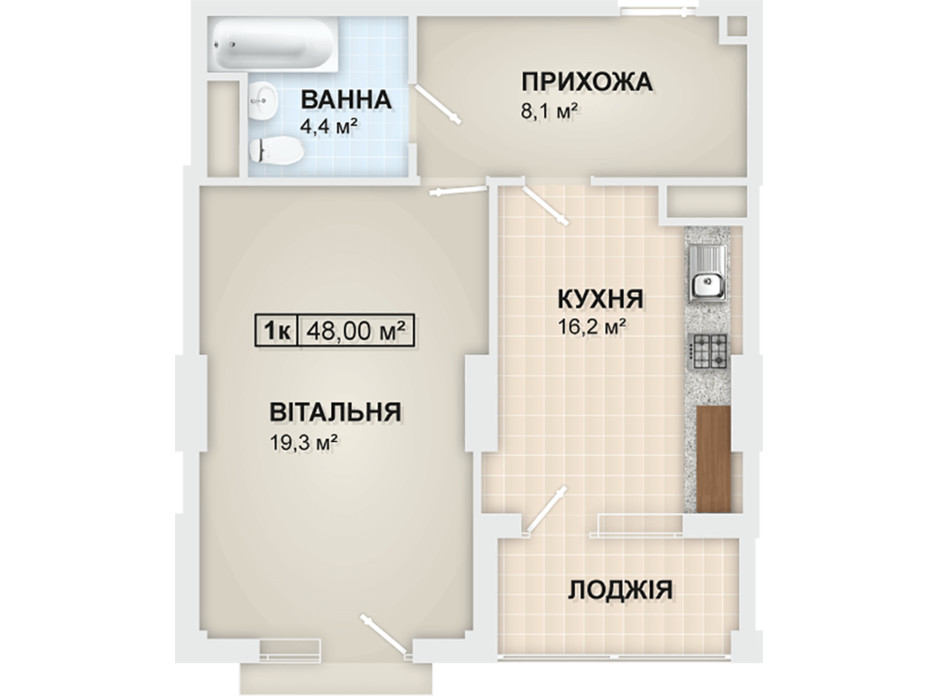 Планировка 1-комнатной квартиры в ЖК Lystopad 48 м², фото 104164 Планировка 1-комнатной квартиры в ЖК Lystopad 48 м², фото 104164