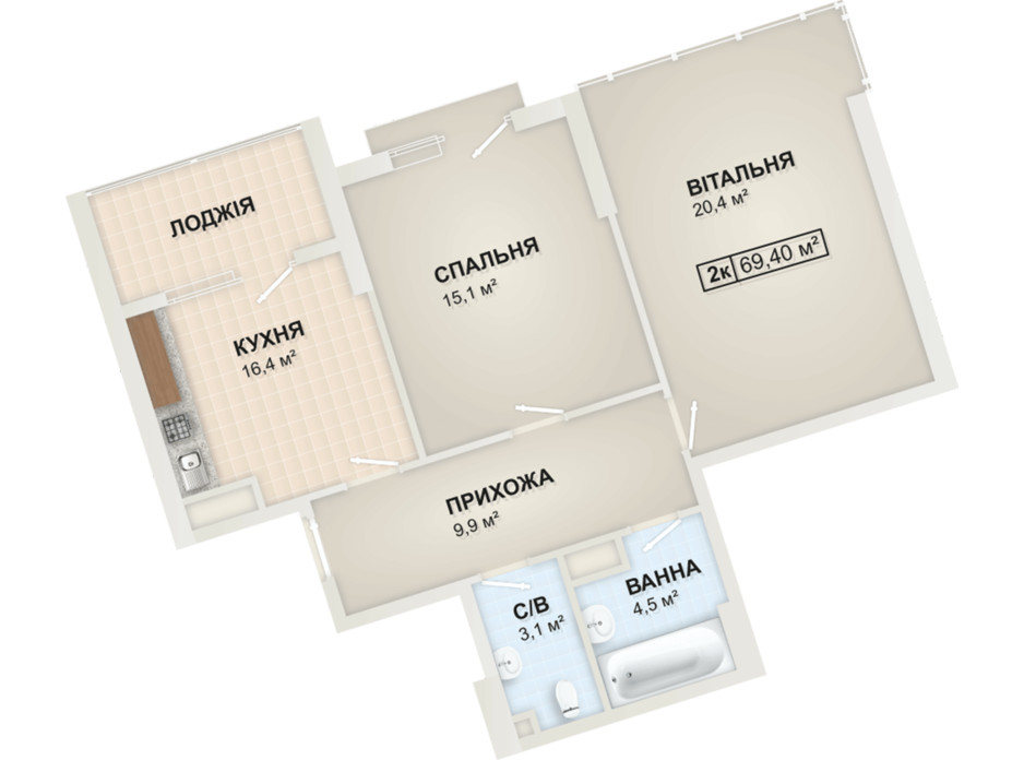 Планировка 2-комнатной квартиры в ЖК Lystopad 69.4 м², фото 104170 Планировка 2-комнатной квартиры в ЖК Lystopad 69.4 м², фото 104170