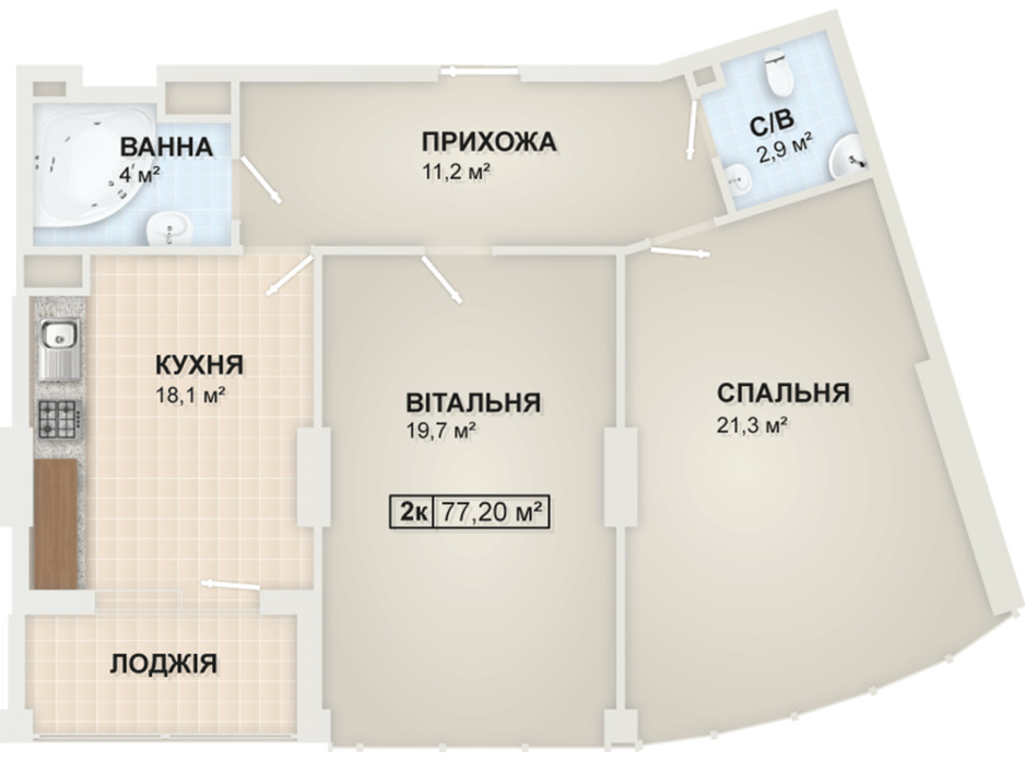Планировка 2-комнатной квартиры в ЖК Lystopad 77.2 м², фото 104171 Планировка 2-комнатной квартиры в ЖК Lystopad 77.2 м², фото 104171