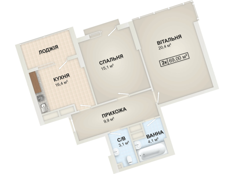 Планировка 2-комнатной квартиры в ЖК Lystopad 69 м², фото 104172 Планировка 2-комнатной квартиры в ЖК Lystopad 69 м², фото 104172