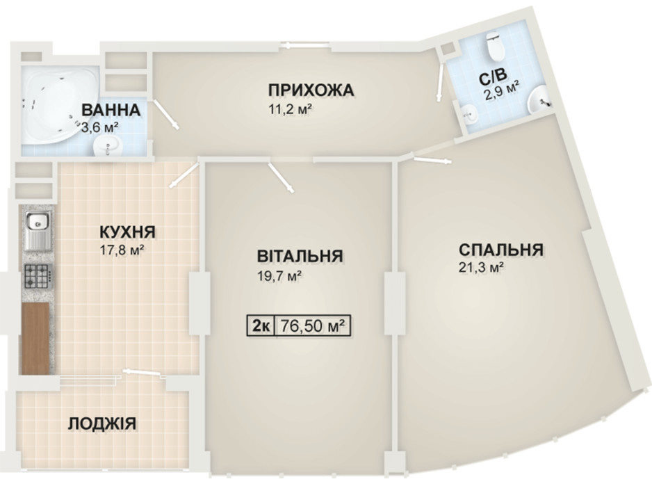 Планировка 2-комнатной квартиры в ЖК Lystopad 76.5 м², фото 104174 Планировка 2-комнатной квартиры в ЖК Lystopad 76.5 м², фото 104174