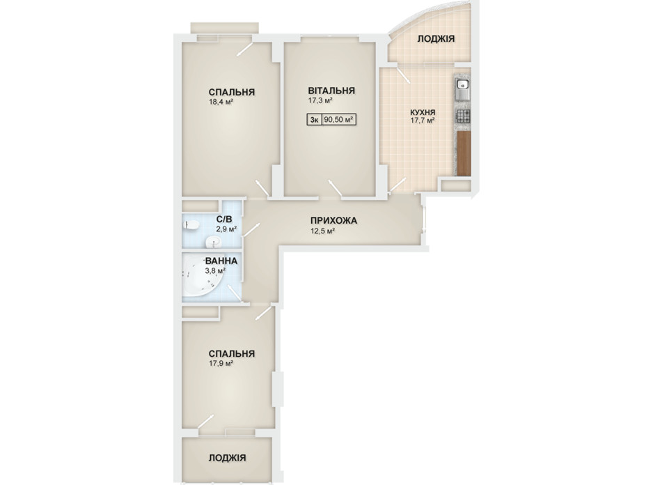 Планировка 3-комнатной квартиры в ЖК Lystopad 90.5 м², фото 104175 Планировка 3-комнатной квартиры в ЖК Lystopad 90.5 м², фото 104175