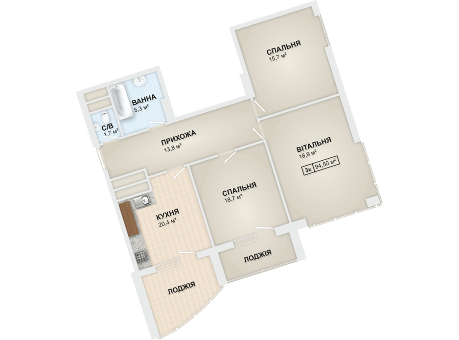 Планировка 3-комнатной квартиры в ЖК Lystopad 94.5 м², фото 104178 Планировка 3-комнатной квартиры в ЖК Lystopad 94.5 м², фото 104178