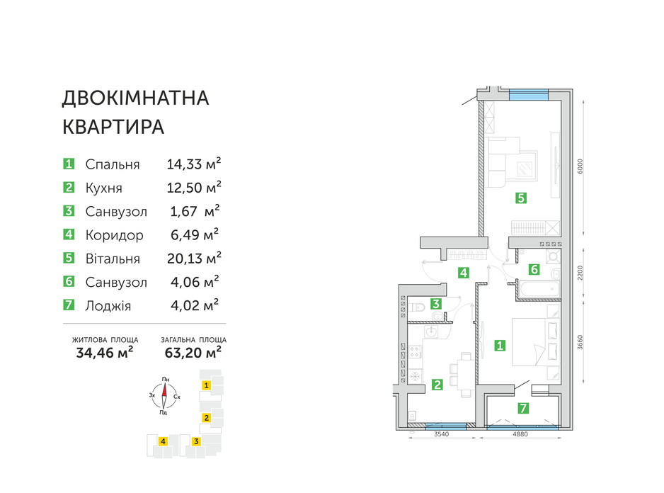 Планування 2-кімнатної квартири в ЖК Парковий квартал 3 63.2 м², фото 104626 Планування 2-кімнатної квартири в ЖК Парковий квартал 3 63.2 м², фото 104626