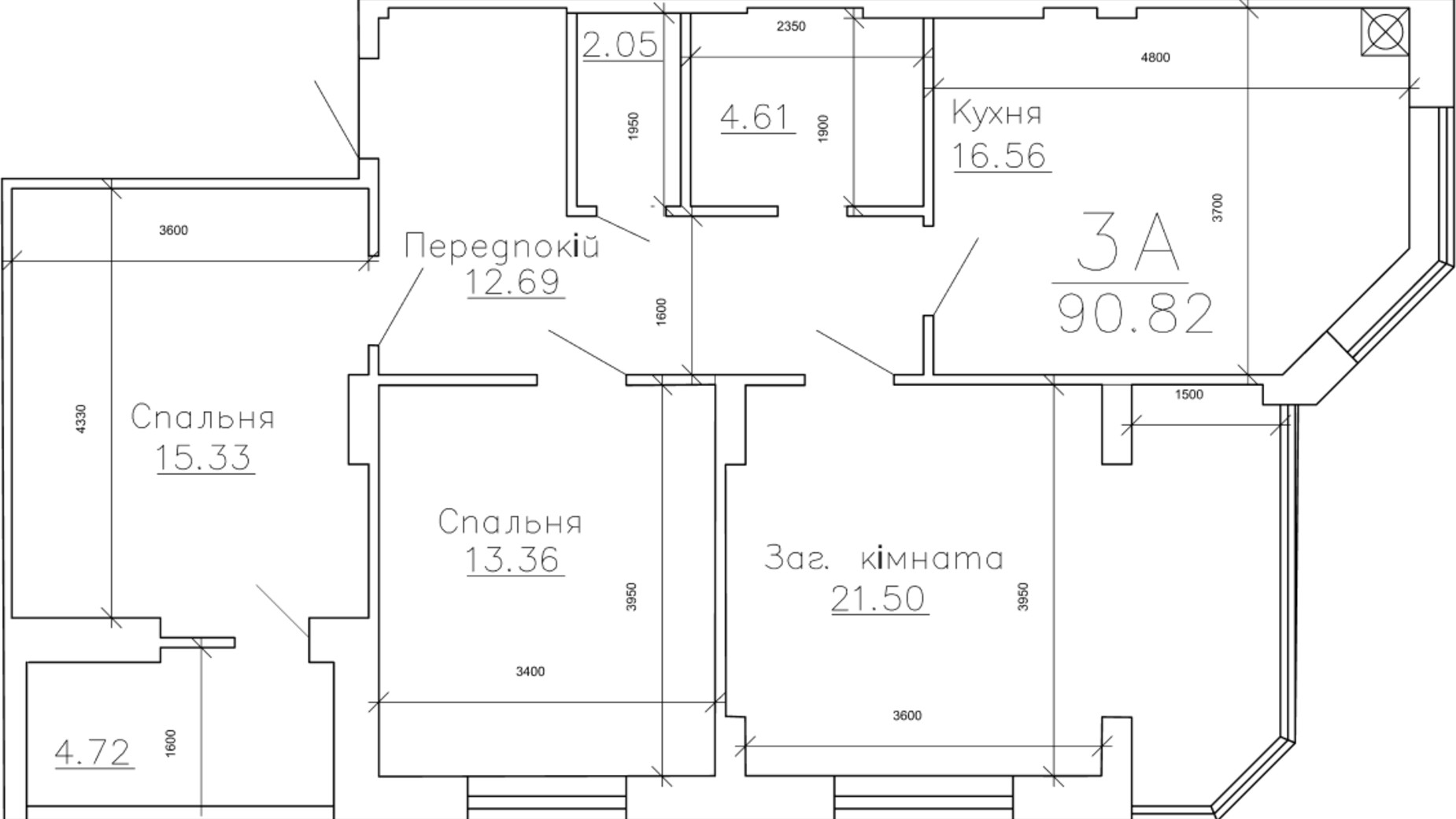 Планировка 3-комнатной квартиры в ЖК Панорама 90.82 м², фото 105147