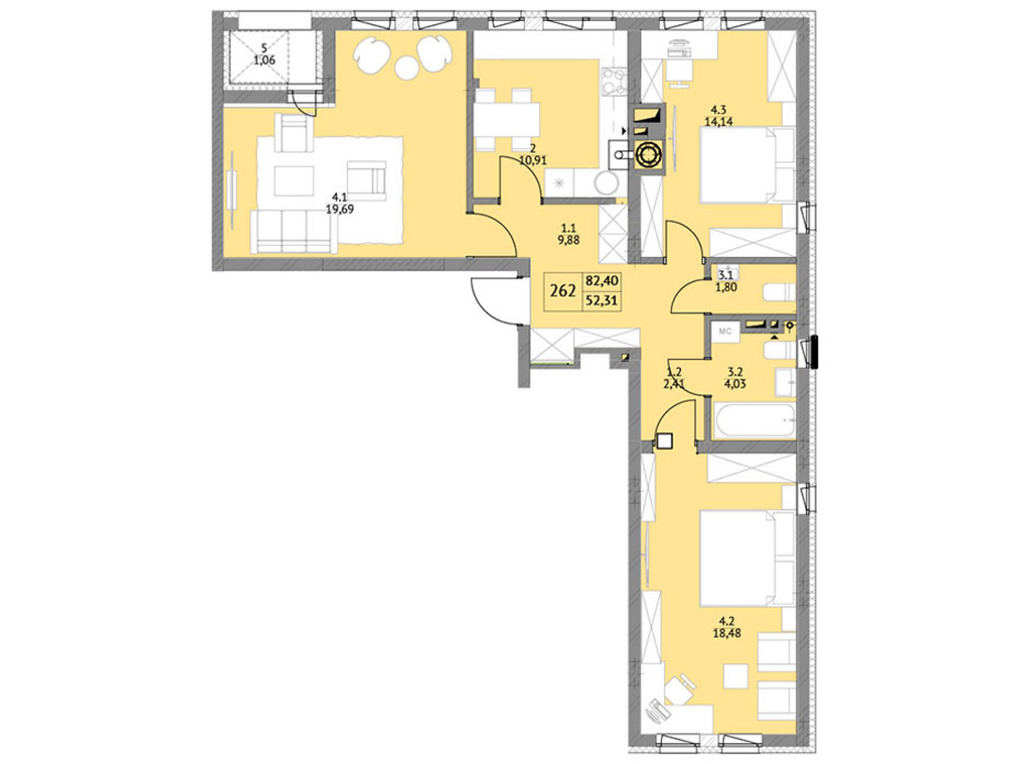 Планування 2-кімнатної квартири в ЖК Яскравий Львів 84.5 м², фото 105998 Планування 2-кімнатної квартири в ЖК Яскравий Львів 84.5 м², фото 105998