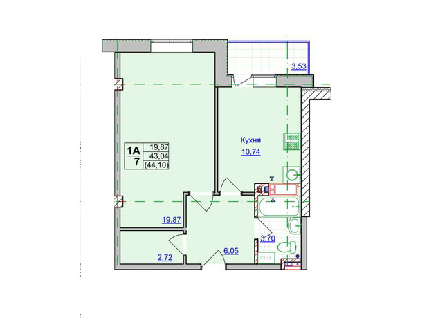 ЖК Спортивний: планування 1-кімнатної квартири 44.1 м²