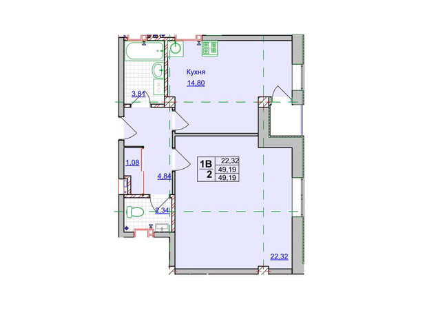 ЖК Спортивний: планування 1-кімнатної квартири 49.19 м²
