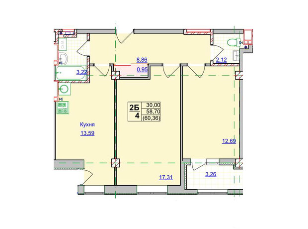 ЖК Спортивний: планування 2-кімнатної квартири 60.36 м²