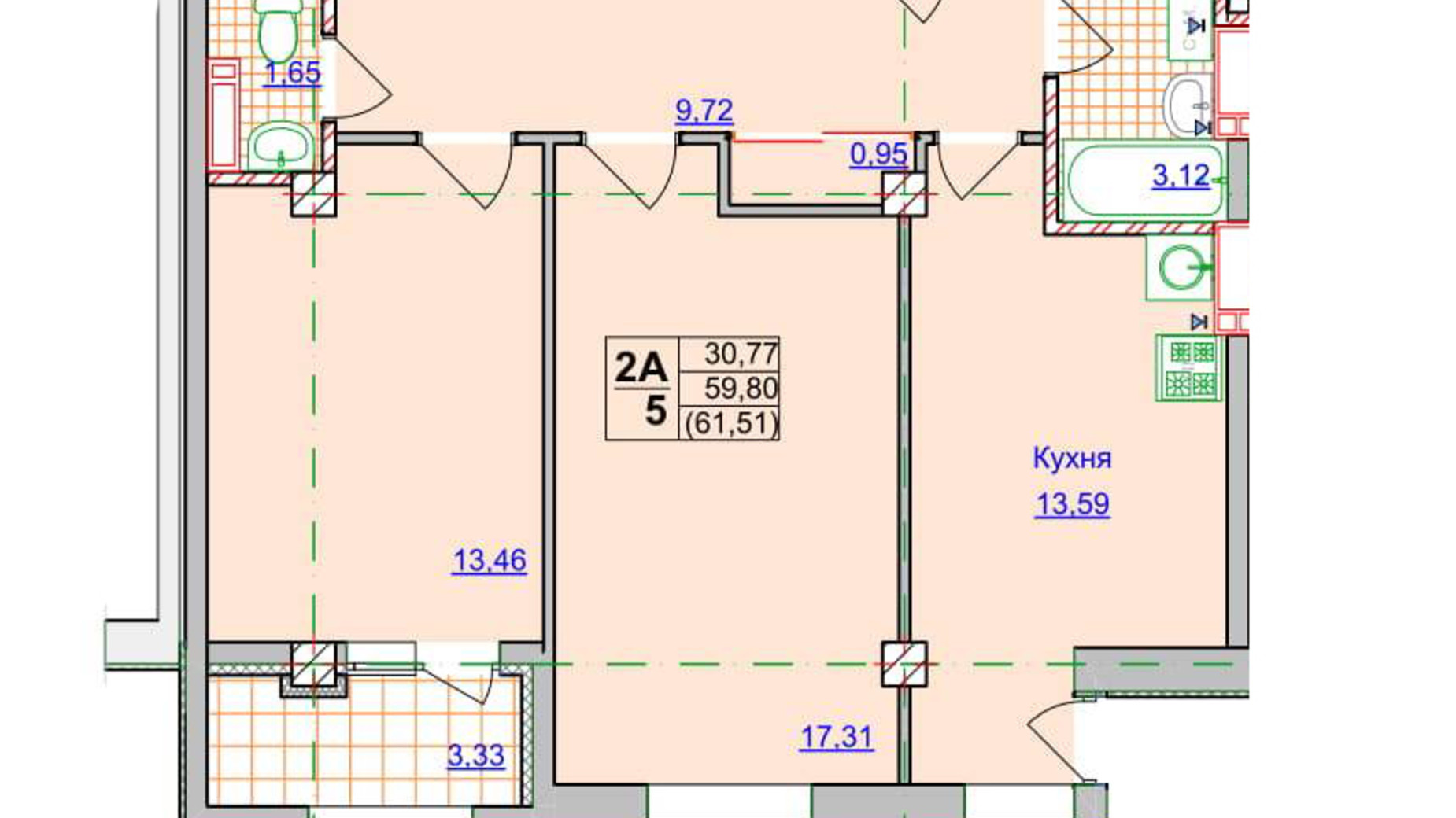 Планировка 2-комнатной квартиры в ЖК Спортивный 61.51 м², фото 106706